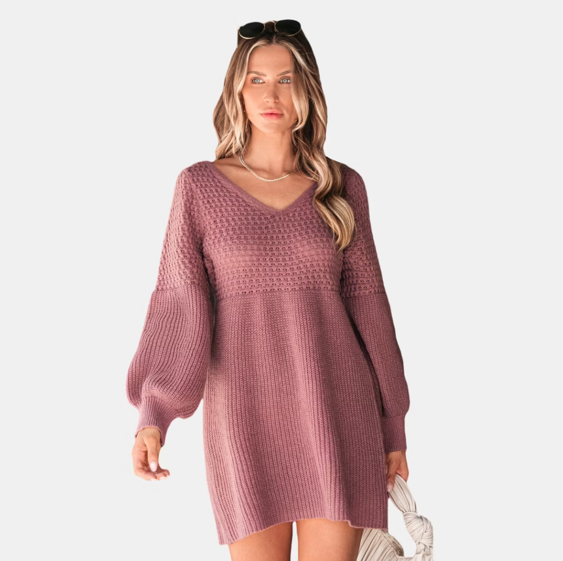Women's Honeycomb Knit V-Neck Mini Sweater Dress