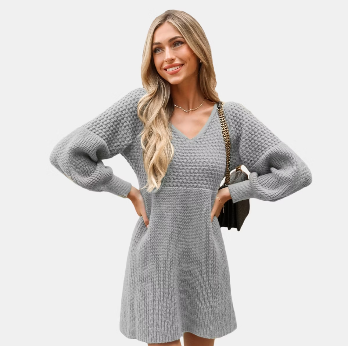 Women's Honeycomb Knit V-Neck Mini Sweater Dress
