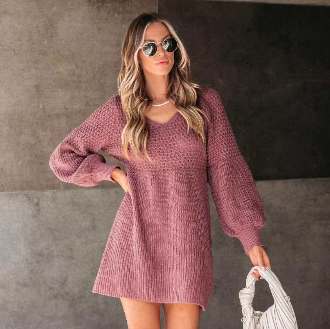 Women's Honeycomb Knit V-Neck Mini Sweater Dress