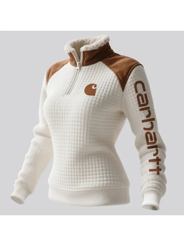 Women's Retro Western Style Waffle Contrast Suede Fleece Collar Stand Collar Sweatshirt