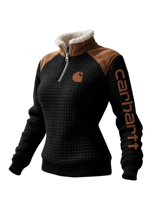 Women's Retro Western Style Waffle Contrast Suede Fleece Collar Stand Collar Sweatshirt