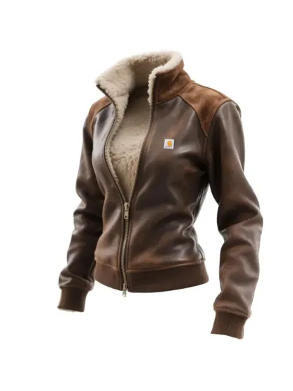 Women's Retro Leather Contrast Color Stitching Suede Zipper Stand Collar Coat Lambswool Lined Thickened Jacket