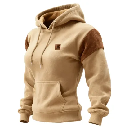 Outdoor Women's Casual Suede Contrast Color Stitching Raglan Sleeve Hooded Sweatshirt Retro Western Sweatshirt
