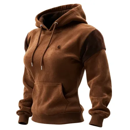 Outdoor Women's Casual Suede Contrast Color Stitching Raglan Sleeve Hooded Sweatshirt Retro Western Sweatshirt