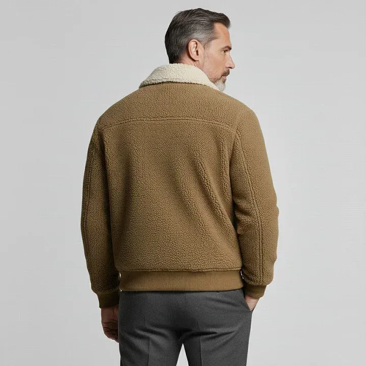 Men's Khaki Shearling Collar Pockets Long Sleeve Snap Buttons Fleece Jacket