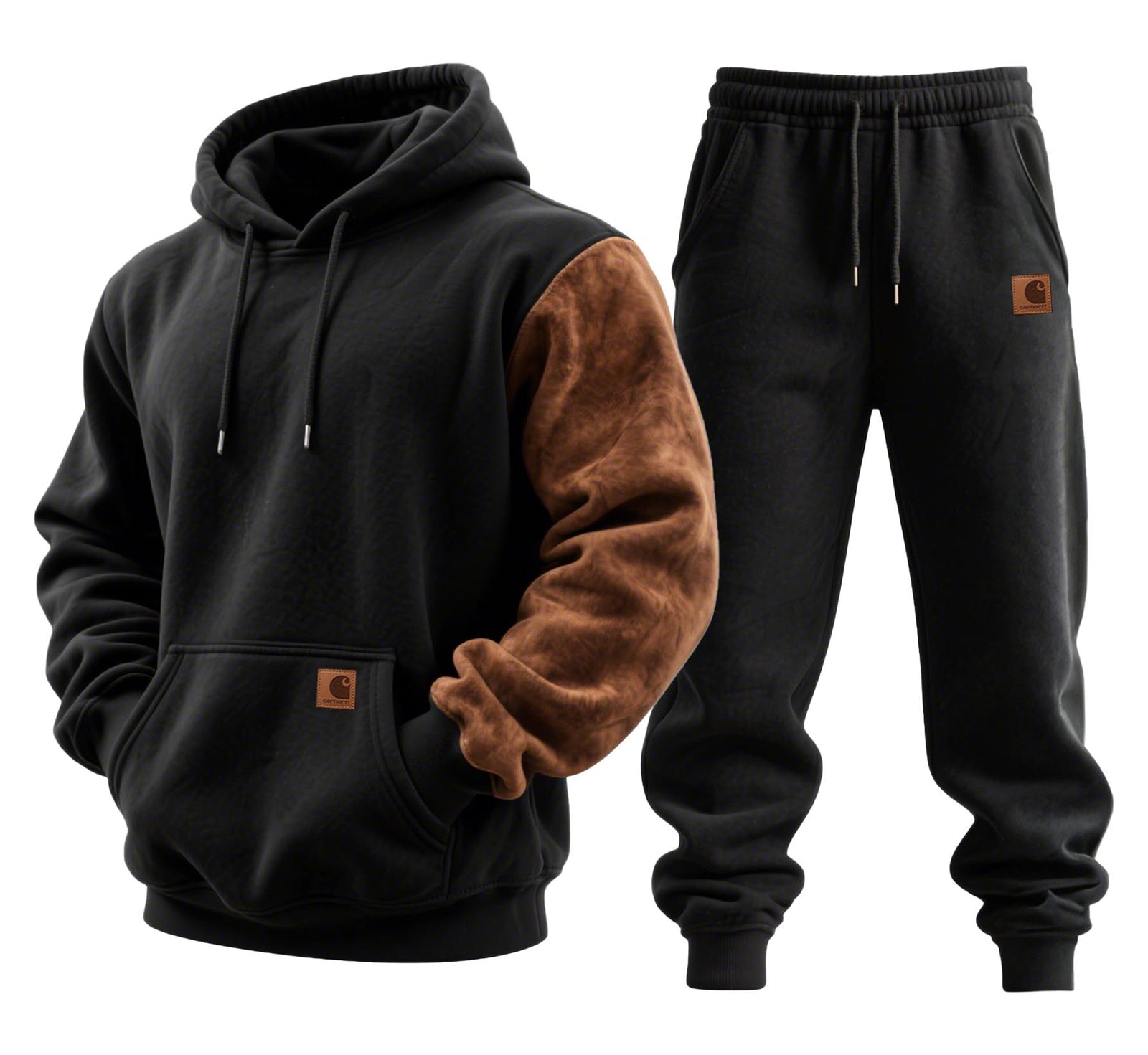 Men's Vintage Brown Suede Black Color Block Pocket Hoodie And Sweatpants Set