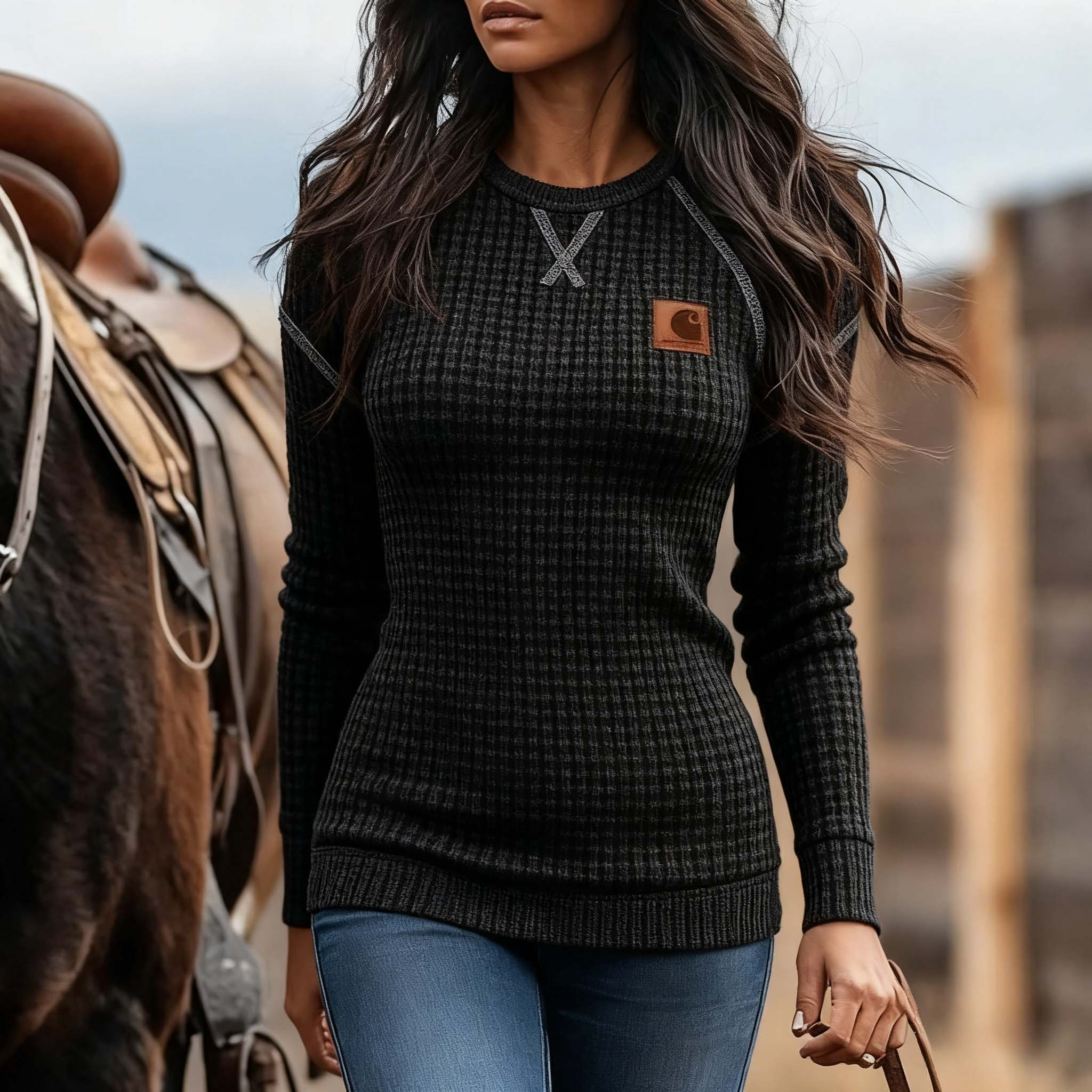 Women's Vintage Black Waffle Knit Crewneck Long Sleeve Sweatshirt