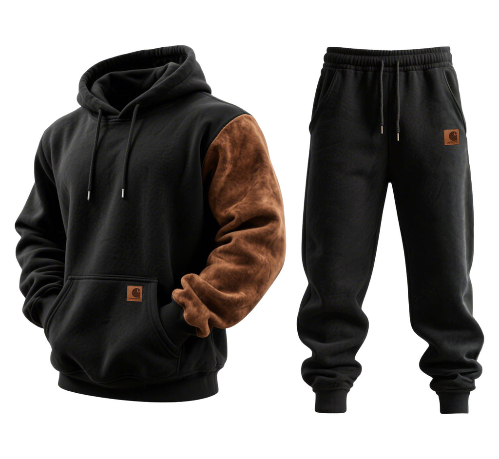 Men's Vintage Brown Suede Black Color Block Pocket Hoodie And Sweatpants Set