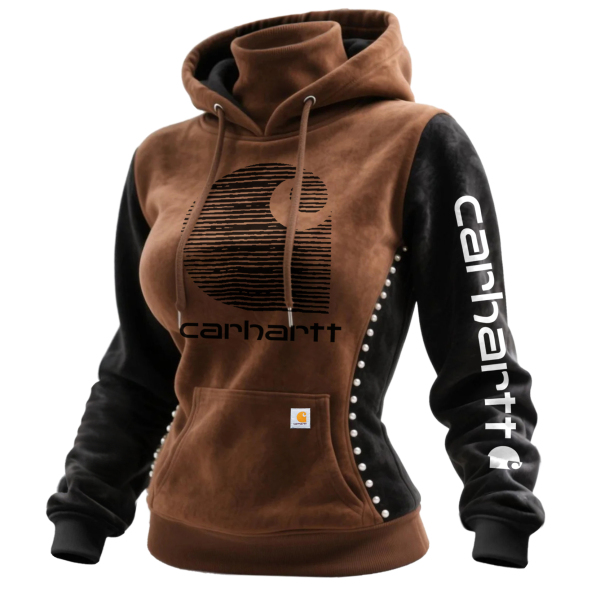 Women's Retro Western Suede Hooded Sweatshirt Turtleneck Contrast Color Stitching Beaded Sweatshirt