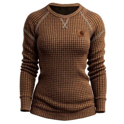 Women's Vintage Black Waffle Knit Crewneck Long Sleeve Sweatshirt