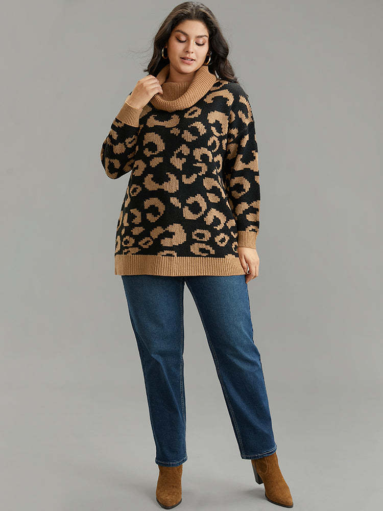 Leopard Contrast Jacquard Turtleneck Pullover