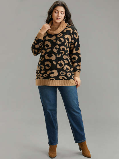 Leopard Contrast Jacquard Turtleneck Pullover