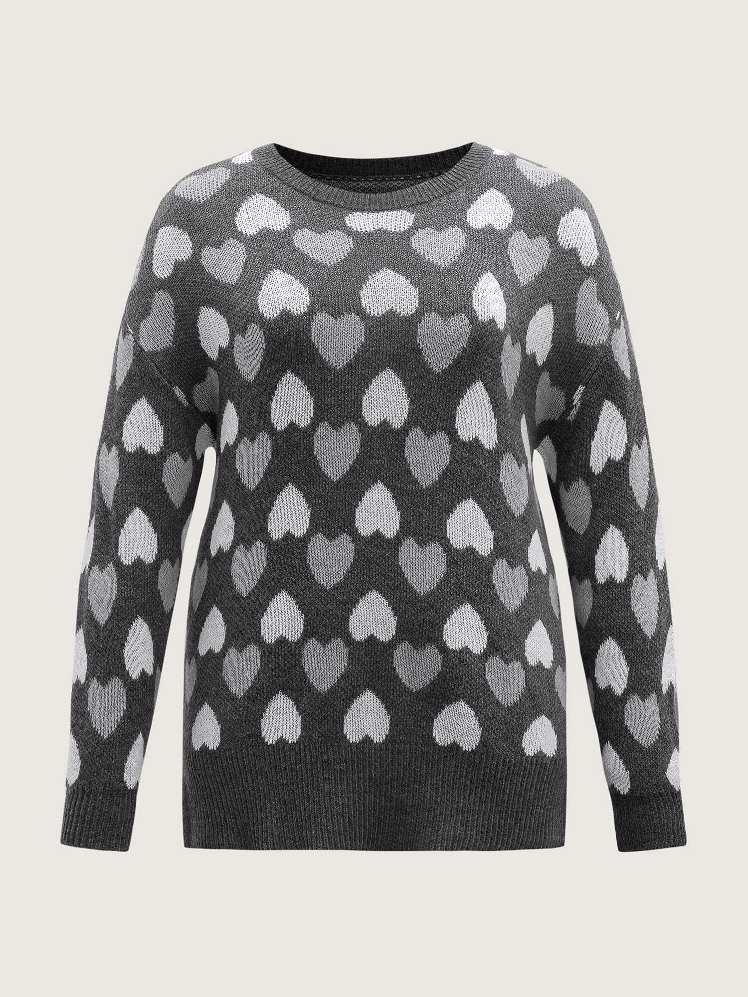 Monochrome Hearts Slit Round Neck Pullover