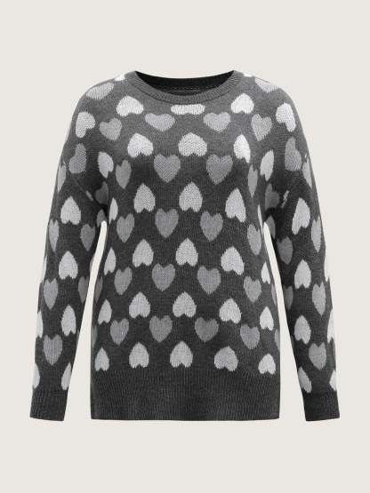 Monochrome Hearts Slit Round Neck Pullover