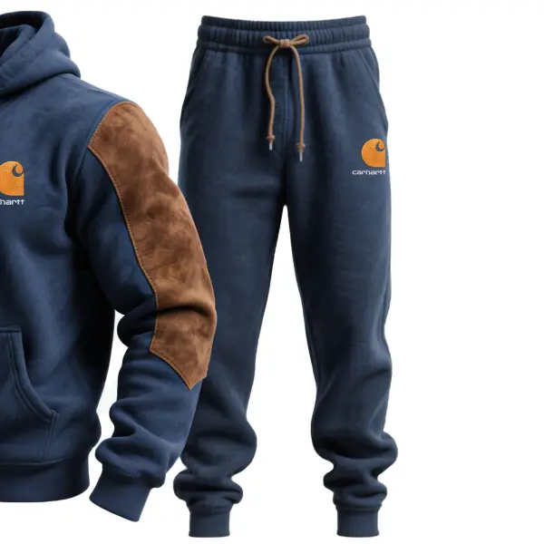 Men's Vintage Embroidered Navy Blue Stitching Brown Suede Pocket Hoodie And Sweatpants Jogger Set