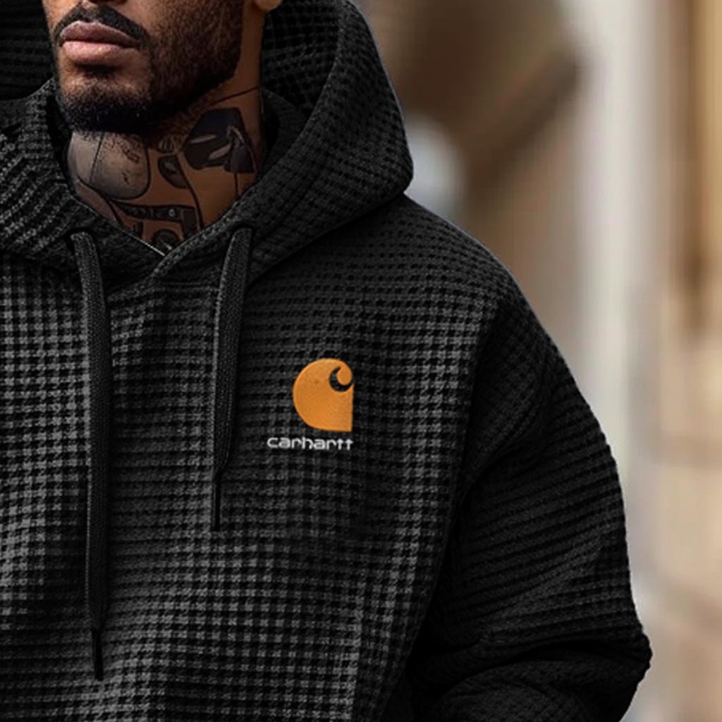 Men's Vintage Embroidered Black Waffle Knit Pocket Long Sleeve Oversized Hoodie