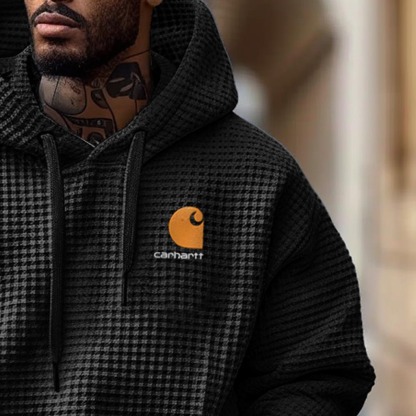 Men's Vintage Embroidered Black Waffle Knit Pocket Long Sleeve Oversized Hoodie