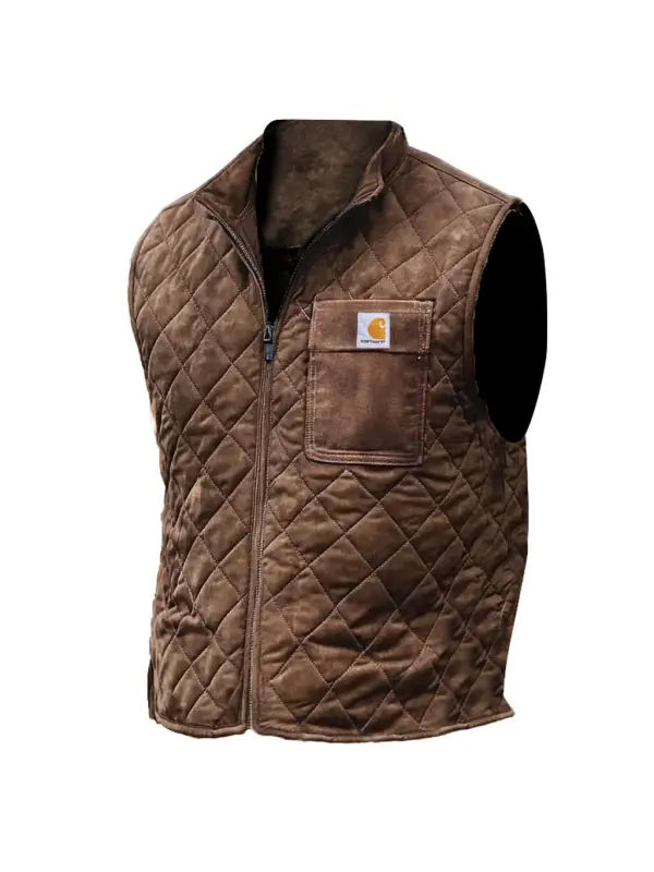 Men's Vintage Pocket Suede Quilted Zip Vest Outdoor Motorcycle Stand Collar Vest Jacket