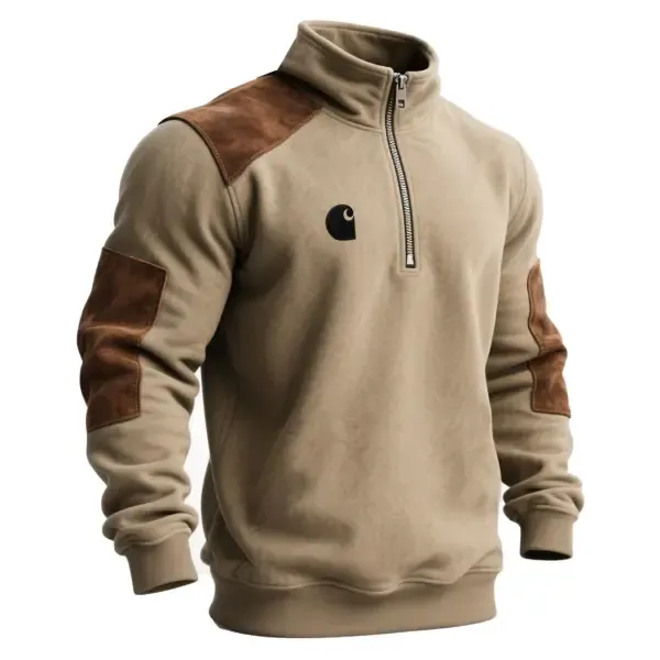 Men's Vintage Embroidered Khaki Brown Suede Quarter Zip Stand Collar Sweatshirt And Sweatpants Jogger Set