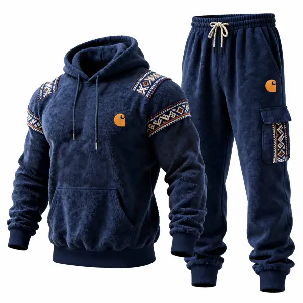 Men's Vintage Fleece Navy Blue Embroidered Ethnic-Style Pocket Hoodie And Sweatpants Jogger Set