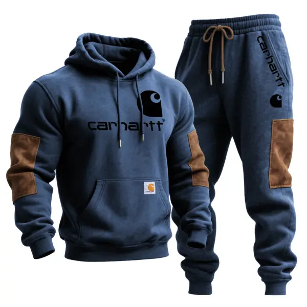 Men's Vintage Stitching Brown Suede Pocket Hoodie And Sweatpants Jogger Set