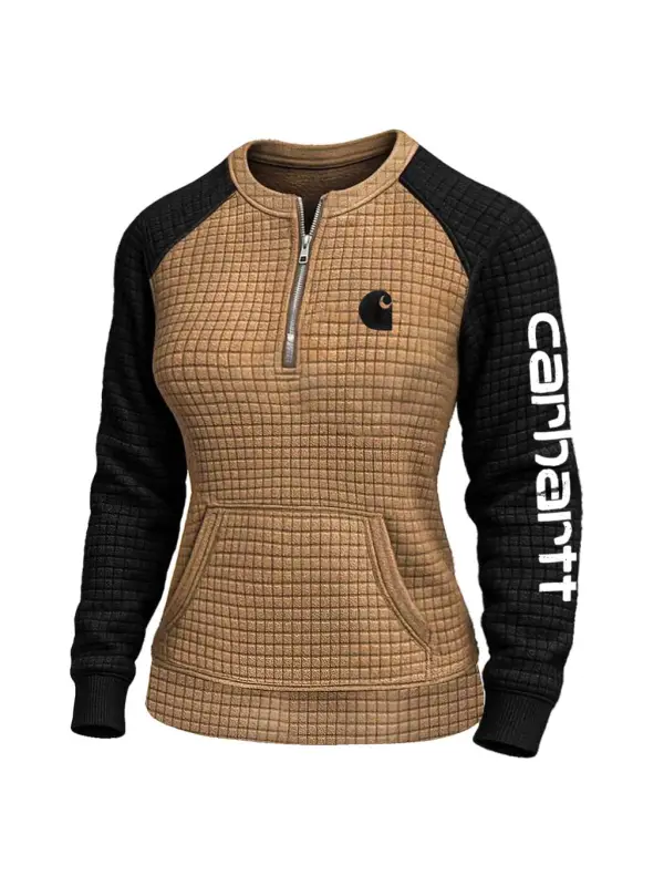 Women's Vintage Embroidered Quilted Waffle Raglan Sleeve Contrast Quarter-Zip Henley Sweatshirt