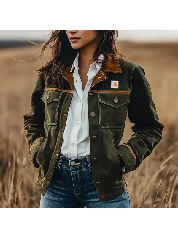 Women's Vintage Suede Colorblock Lapel Collar Jacket