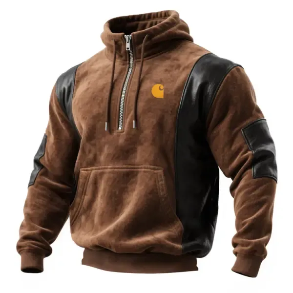 Men's Vintage Brown Suede And Black Leather Pocket Half-Zip Hoodie And Sweatpants Jogger Set
