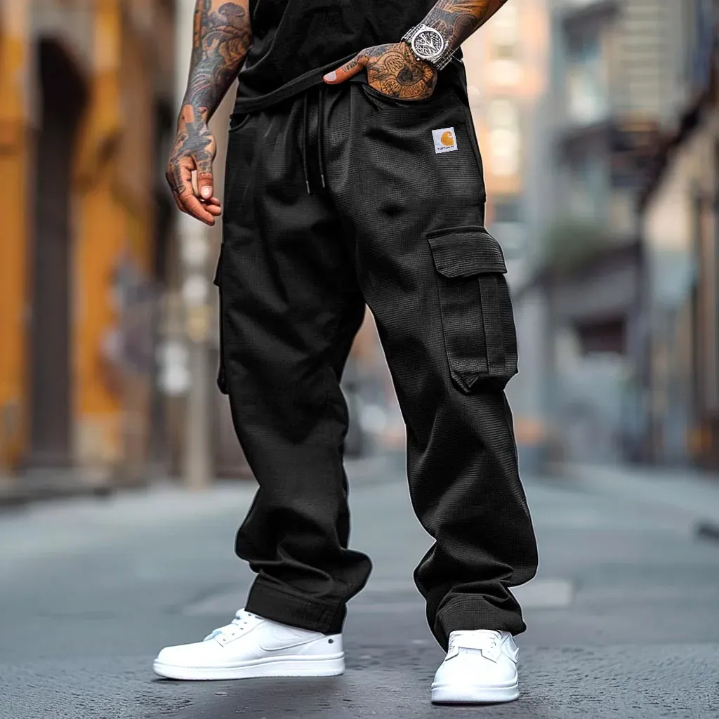 Men's Vintage Embroidered Black Waffle Knit Pocket Long Sleeve Oversized Hoodie And Sweatpants Jogger Set