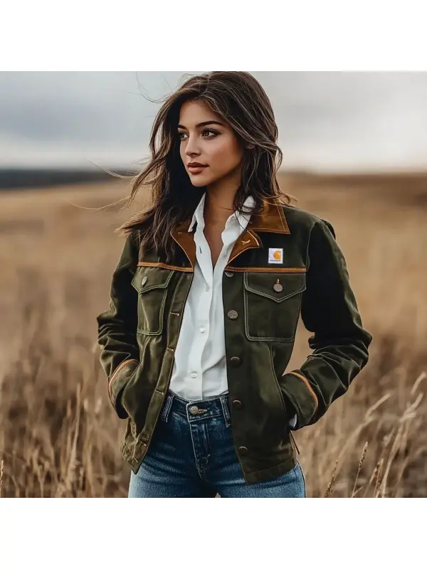 Women's Vintage Suede Colorblock Lapel Collar Jacket