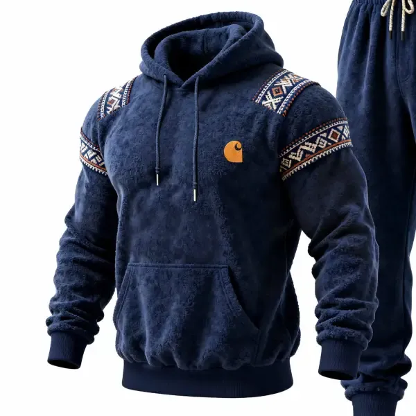 Men's Vintage Fleece Navy Blue Embroidered Ethnic-Style Pocket Hoodie And Sweatpants Jogger Set