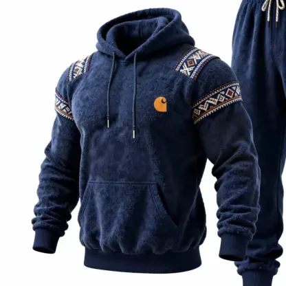 Men's Vintage Fleece Navy Blue Embroidered Ethnic-Style Pocket Hoodie And Sweatpants Jogger Set