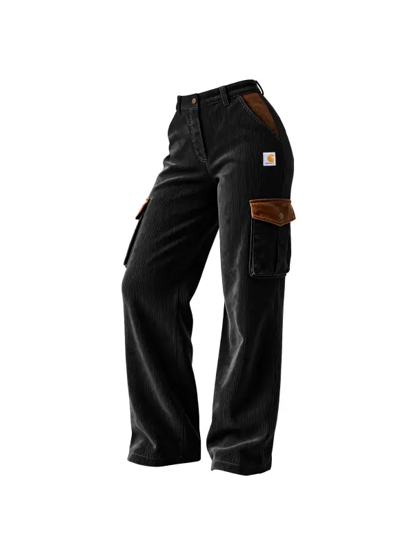 Women's Vintage Corduroy Contrast Multi-Pocket Cargo Pants Trousers
