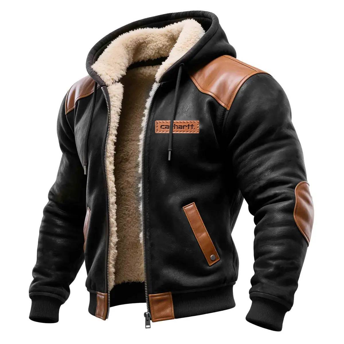 Men's Vintage Black Contrast Leather Warm Fleece Hooded Jacket