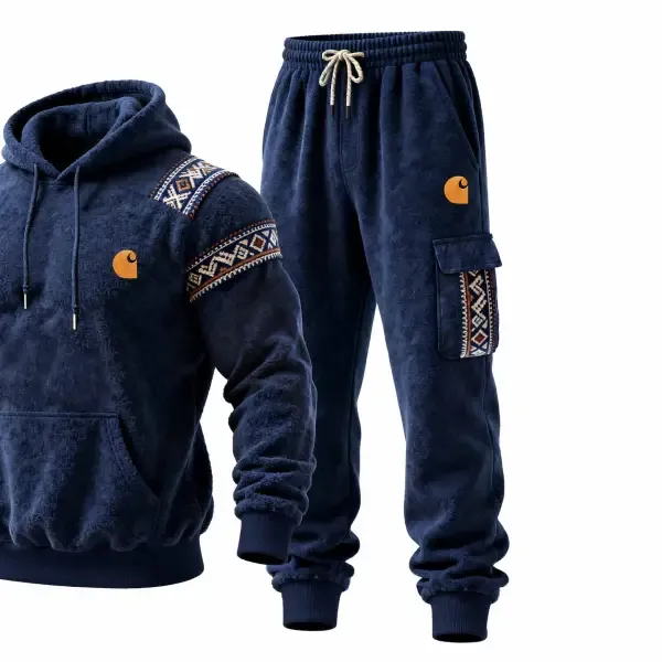 Men's Vintage Fleece Navy Blue Embroidered Ethnic-Style Pocket Hoodie And Sweatpants Jogger Set