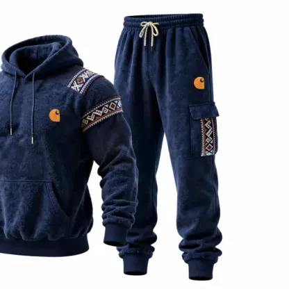 Men's Vintage Fleece Navy Blue Embroidered Ethnic-Style Pocket Hoodie And Sweatpants Jogger Set
