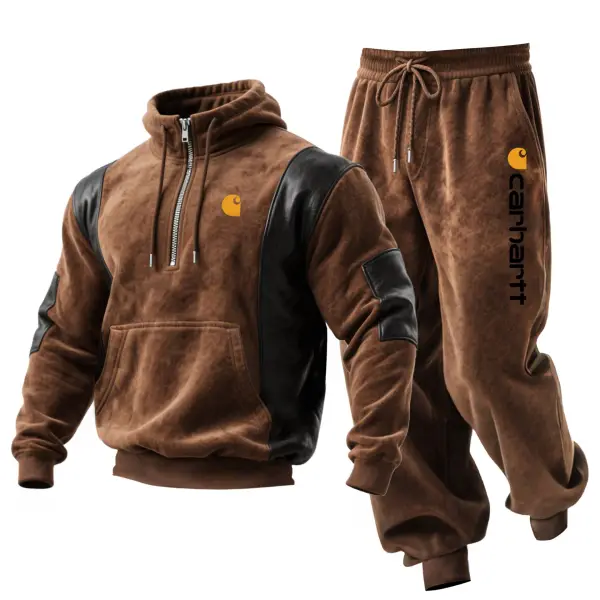 Men's Vintage Brown Suede And Black Leather Pocket Half-Zip Hoodie And Sweatpants Jogger Set