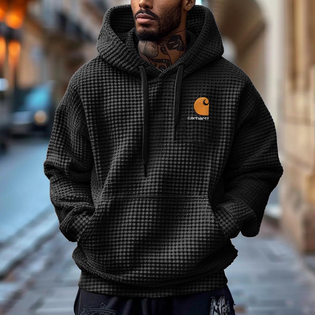 Men's Vintage Embroidered Black Waffle Knit Pocket Long Sleeve Oversized Hoodie