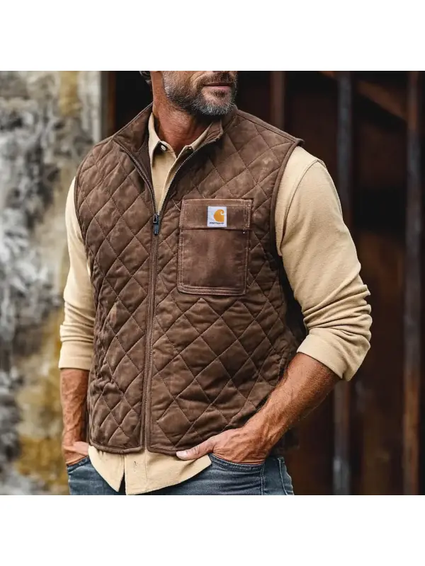 Men's Vintage Pocket Suede Quilted Zip Vest Outdoor Motorcycle Stand Collar Vest Jacket