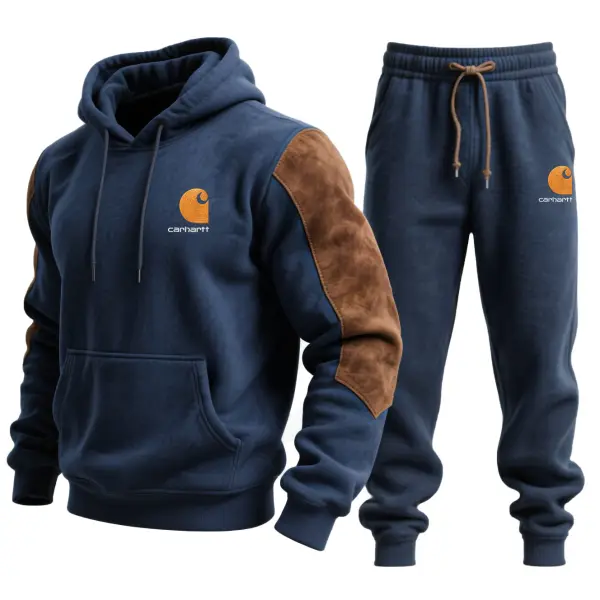 Men's Vintage Embroidered Navy Blue Stitching Brown Suede Pocket Hoodie And Sweatpants Jogger Set