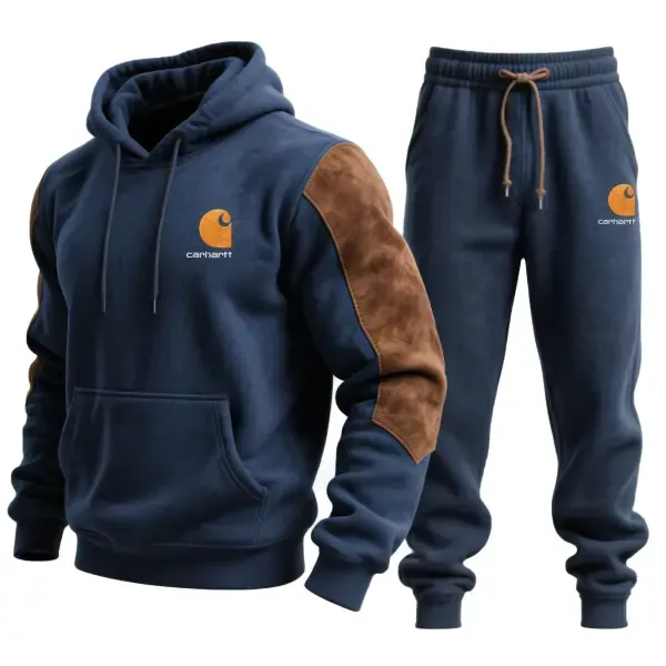 Men's Vintage Embroidered Navy Blue Stitching Brown Suede Pocket Hoodie And Sweatpants Jogger Set
