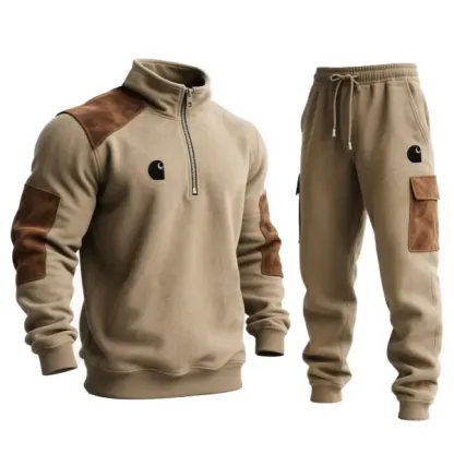 Men's Vintage Embroidered Khaki Brown Suede Quarter Zip Stand Collar Sweatshirt And Sweatpants Jogger Set