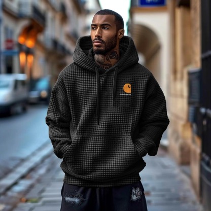 Men's Vintage Embroidered Black Waffle Knit Pocket Long Sleeve Oversized Hoodie