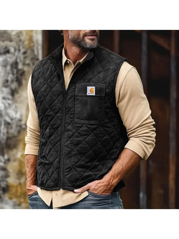 Men's Vintage Pocket Suede Quilted Zip Vest Outdoor Motorcycle Stand Collar Vest Jacket