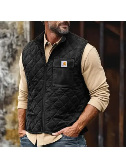 Men's Vintage Pocket Suede Quilted Zip Vest Outdoor Motorcycle Stand Collar Vest Jacket