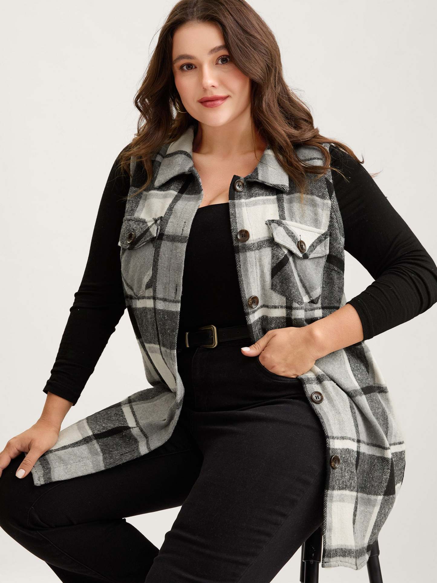 Plaid Flap Detail Sleeveless Jacket