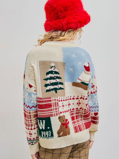 Christmas Round Neck Bear Graphic Knitted Long Sleeve Top