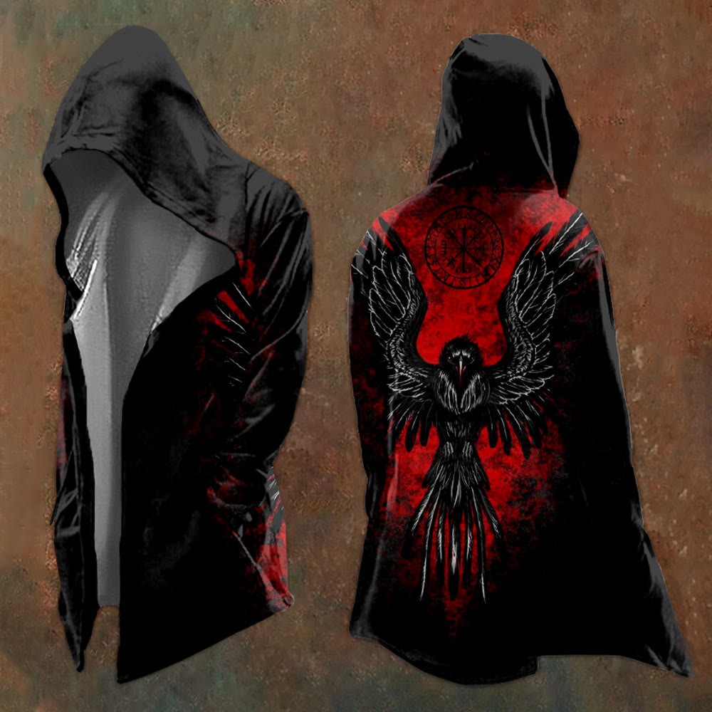  Viking Black And Red Raven Vegvisir Hooded Jacket