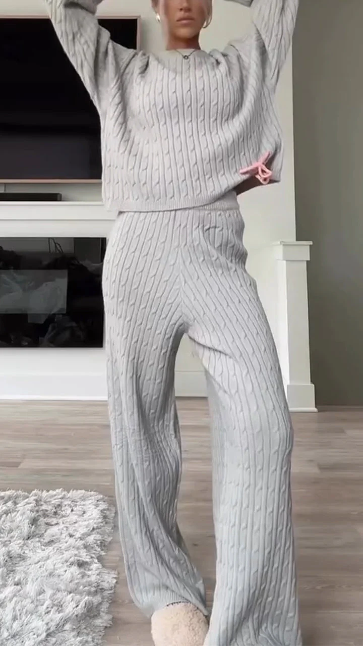 Women's Cable Knit Sweater Lounge Set – Long Sleeve Pullover Top with Wide Leg Pants, 2 Piece Cozy Outfit