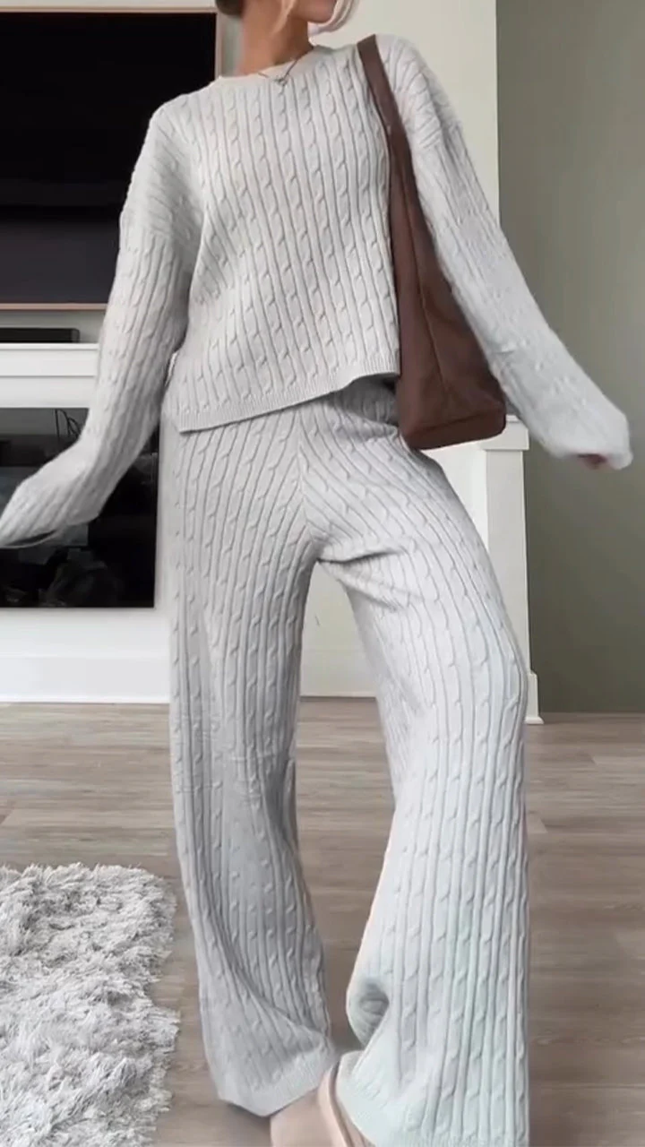 Women's Cable Knit Sweater Lounge Set – Long Sleeve Pullover Top with Wide Leg Pants, 2 Piece Cozy Outfit